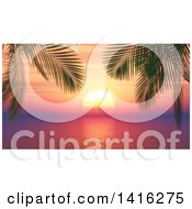 Clipart Of A 3d Tropical Ocean Sunset With Palm Trees Royalty Free Illustration
