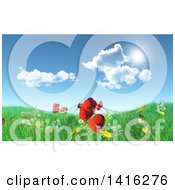 Clipart Of A 3d Grassy Hill With Daisies Dandelions And Poppies Under A Blue Sky With Clouds Royalty Free Illustration