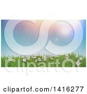 Poster, Art Print Of 3d Hill With Daisies And Grass Against A Sunny Sky With Vintage Flare Effect