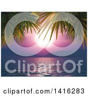 Clipart Of A 3d Tropical Ocean Bay With Mountains And Palm Trees At Sunset Royalty Free Illustration