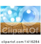 Poster, Art Print Of 3d Wood Table Or Deck Over Blue Bokeh