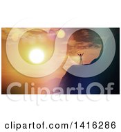 Poster, Art Print Of 3d Woman On A Cliff Looking Over A Mountainous Bay Landscape At Sunset