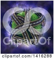 Clipart Of A 3d Grassy Planet With Crossing Roads On Purple Nebula Royalty Free Illustration