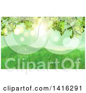 Poster, Art Print Of Background Of 3d Grasssy Hills And Clover Leaves Against Green Bokeh