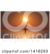 Clipart Of A 3d Silhouetted Woman Swimming And Wading In A Bay Against An Ocean Sunset Royalty Free Illustration