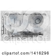 Clipart Of A Sketched Room Interior With A Chair Hanging Wall Shelf And Brick Wall In Grunge Royalty Free Illustration
