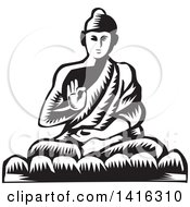 Poster, Art Print Of Black And White Retro Woodcut Buddha Sitting In The Lotus Position