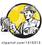 Retro Black And White Woodcut German Man Wearing Lederhosen And Raising A Beer Mug For A Toast Emerging From A Black And Yellow Circle