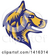Retro Woodcut Blue And Yellow Husky Dog Head In Profile