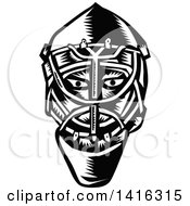 Poster, Art Print Of Retro Black And White Woodcut Ice Hockey Goalie Helmet