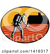 Poster, Art Print Of Retro Woodcut Paver Sealer Contractor Worker Sealing Paving Near A House