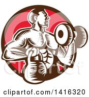 Retro Woodcut Strong Male Bodybuilder Working Out With A Dummbell And Kettlebell Emerging From A Brown And Red Circle