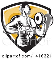 Clipart Of A Retro Woodcut Strong Male Bodybuilder Working Out With A Dummbell And Kettlebell Emerging From A Black White And Yellow Shield Royalty Free Vector Illustration