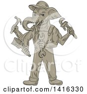 Sketched Ganesha Handy Man Elephant Holding Tools