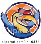 Poster, Art Print Of Retro Cartoon Victorious Hornbill Or Bucerotidae Bird Mascot Cheering In A Blue White And Orange Circle