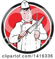 Poster, Art Print Of Retro Cartoon Male Butcher Sharpening A Knife In A Black White And Red Circle