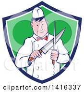 Poster, Art Print Of Retro Cartoon Male Butcher Sharpening A Knife In A Blue White And Green Shield