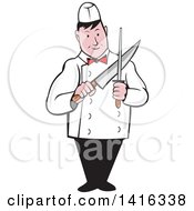 Poster, Art Print Of Retro Cartoon Male Butcher Sharpening A Knife