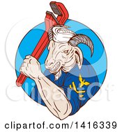 Clipart Of A Retro Sketched Navy Goat Man Holding Pipe Monkey Wrench In A Blue Circle Royalty Free Vector Illustration