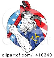 Poster, Art Print Of Retro Sketched Navy Goat Man Holding Pipe Monkey Wrench In An American Circle