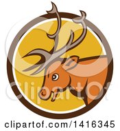 Poster, Art Print Of Retro Cartoon Stag Buck Deer Head In A Brown White And Yellow Circle