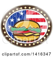 Poster, Art Print Of Retro Cartoon American Cheeseburger In A Wood Textured American Flag Oval