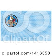Poster, Art Print Of Cartoon Bald Eagle Plumber Man Holding A Monkey Wrench And Blue Rays Background Or Business Card Design