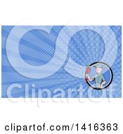 Clipart Of A Retro Cartoon White Male Plumber Or Handy Man Holding A Monkey Wrench And Blue Rays Background Or Business Card Design Royalty Free Illustration