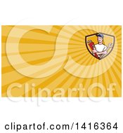 Clipart Of A Retro Cartoon White Male Plumber Mechanic Or Handyman Holding Monkey And Spanner Wrenches In Folded Arms And Yellow Rays Background Or Business Card Design Royalty Free Illustration