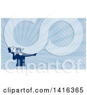Poster, Art Print Of Retro Male House Remover Or Mover Holding A Home And Pointing And Blue Rays Background Or Business Card Design