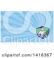 Clipart Of A Retro Cartoon White Handy Man Or Mechanic Holding A Wrench And Blue Rays Background Or Business Card Design Royalty Free Illustration