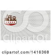 Clipart Of A Retro Male Pressure Washer Worker Standing With A Wand Over His Shoulder And Big Rig Trucks And Gray Rays Background Or Business Card Design Royalty Free Illustration