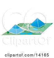 Two Glass Pyramid Buildings In A Park Setting Clipart Illustration