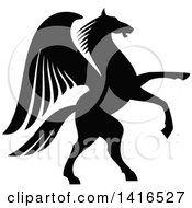 Clipart Of A Black And White Silhouetted Rampant Winged Horse Pegasus Royalty Free Vector Illustration