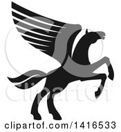 Clipart Of A Black And White Silhouetted Rampant Winged Horse Pegasus Royalty Free Vector Illustration by Vector Tradition SM