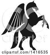 Poster, Art Print Of Black And White Silhouetted Rampant Winged Horse Pegasus