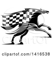 Clipart Of A Black And White Horse With A Checkered Racing Flag Mane Royalty Free Vector Illustration