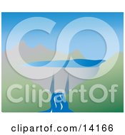River Of Water Coming From A Dam Around A Lake Clipart Illustration
