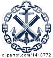 Clipart Of A Navy Blue Nautical Crossed Telescope Or Cannon Chain And Anchor Royalty Free Vector Illustration by Vector Tradition SM