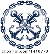 Clipart Of A Navy Blue Crossed Nautical Anchors Chain And Helm Design Royalty Free Vector Illustration by Vector Tradition SM
