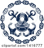 Navy Blue Crossed Nautical Anchors Chain And Diving Helmet Design