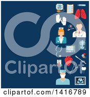 Clipart Of A Background With Medical Icons On Blue Royalty Free Vector Illustration