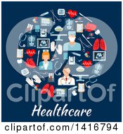 Clipart Of A Round Pill Made Of Medical Icons With Text On Blue Royalty Free Vector Illustration