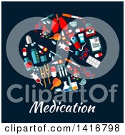 Clipart Of A Round Pill Made Of Medical Icons With Text On Blue Royalty Free Vector Illustration
