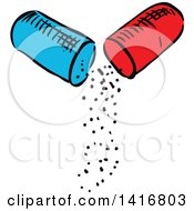 Clipart Of A Sketched Split Pill Capsule Royalty Free Vector Illustration