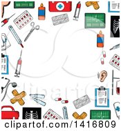 Clipart Of A Background With Sketched Medical Icons Royalty Free Vector Illustration