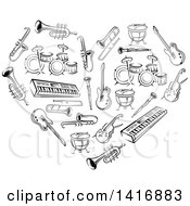 Poster, Art Print Of Heart Made Of Black Sketched Musical Instruments