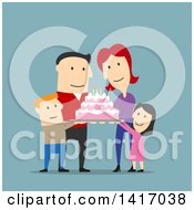 Poster, Art Print Of Flat Design Style Caucasian Family Celebrating A Birthday And Holding A Cake