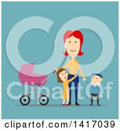 Poster, Art Print Of Flat Design Style Mother Strolling With Her Children