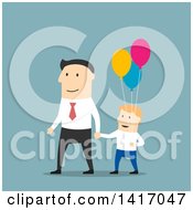 Poster, Art Print Of Flat Design Style Father And Son Walking With Balloons